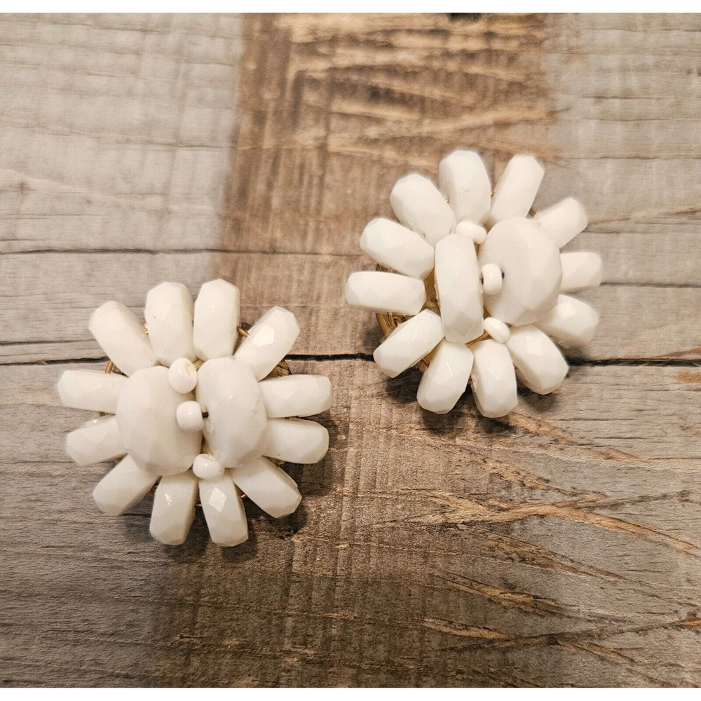 Vintage: White Bead Cluster Earrings,‎ West Germany Marked, Clip-on